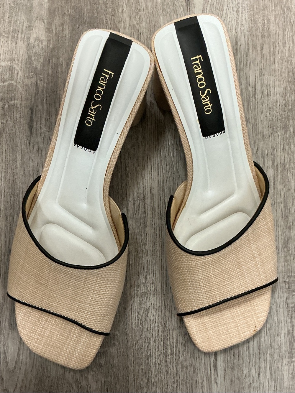 Franco Sarto Natural Beige Slide Mules with Black Piping